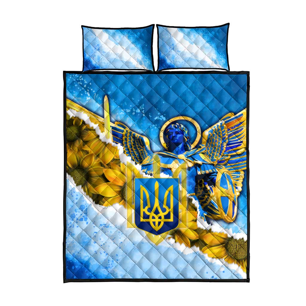 Ukraine Archangel Michael Quilt Bed Set with Trident Emblem and Sunflowers Design