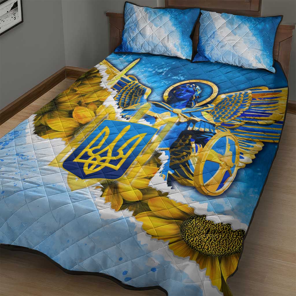 Ukraine Archangel Michael Quilt Bed Set with Trident Emblem and Sunflowers Design