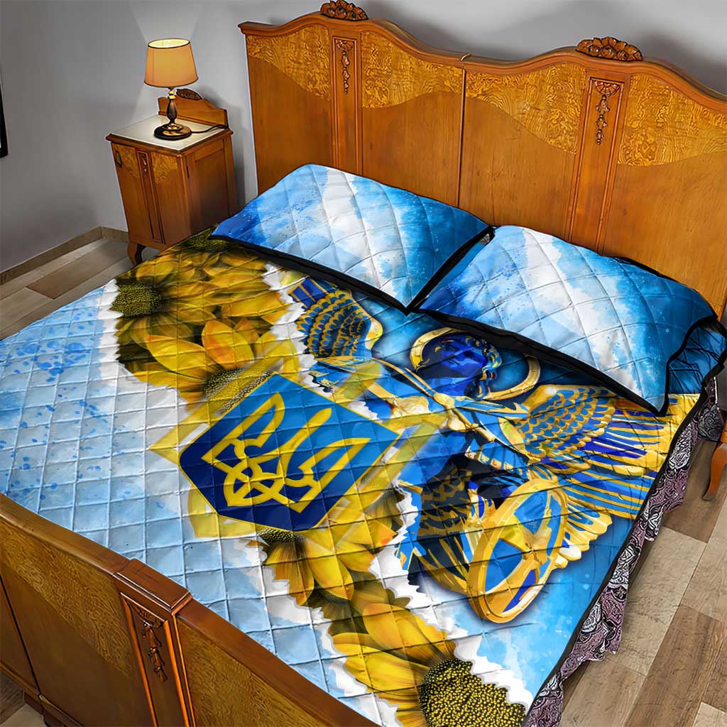 Ukraine Archangel Michael Quilt Bed Set with Trident Emblem and Sunflowers Design