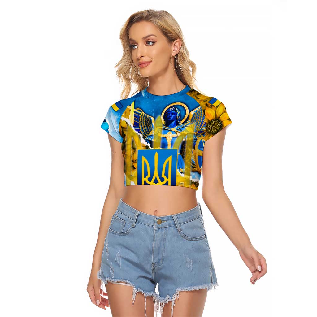 Ukraine Archangel Michael Raglan Cropped T Shirt with Trident Emblem and Sunflowers Design