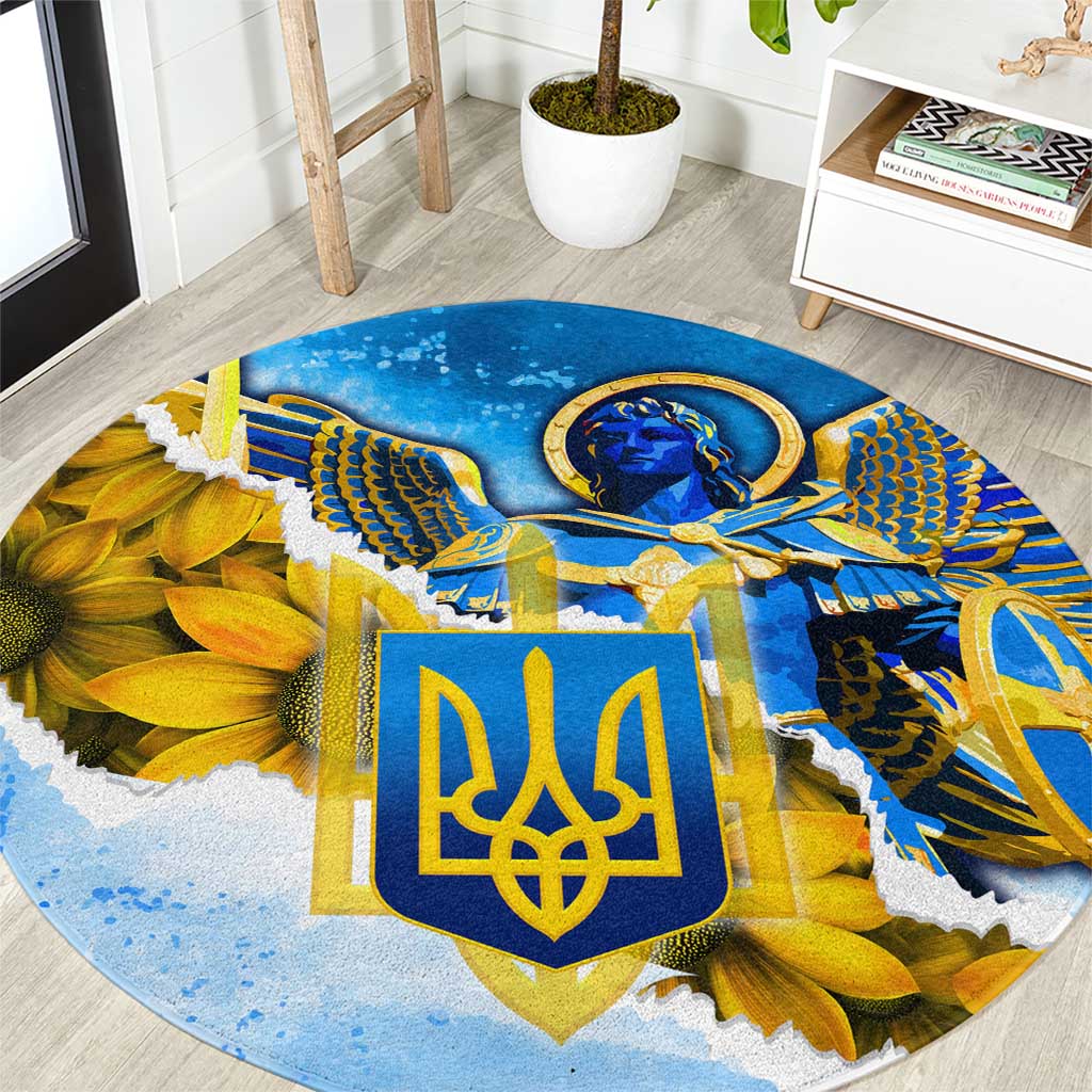Ukraine Archangel Michael Round Carpet with Trident Emblem and Sunflowers Design