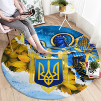 Ukraine Archangel Michael Round Carpet with Trident Emblem and Sunflowers Design