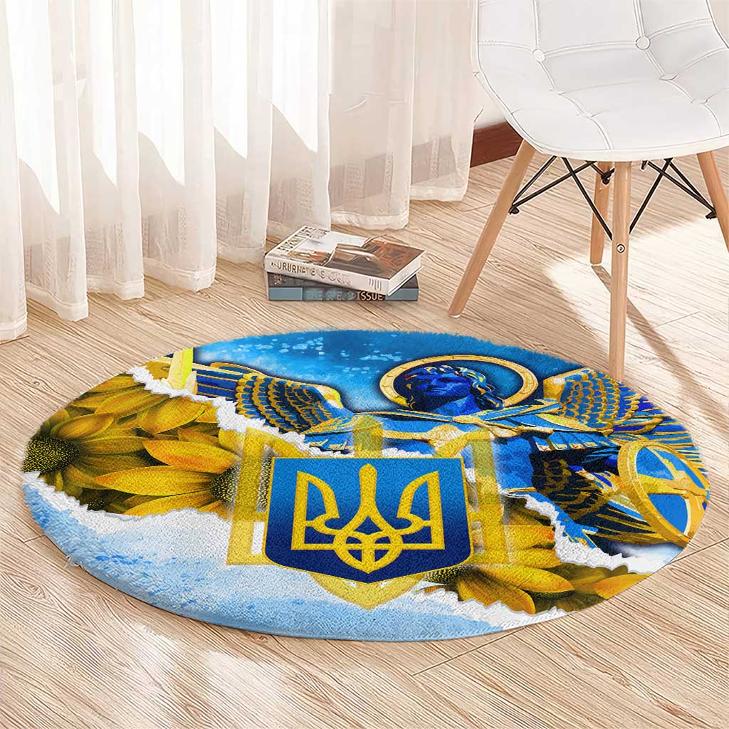 Ukraine Archangel Michael Round Carpet with Trident Emblem and Sunflowers Design
