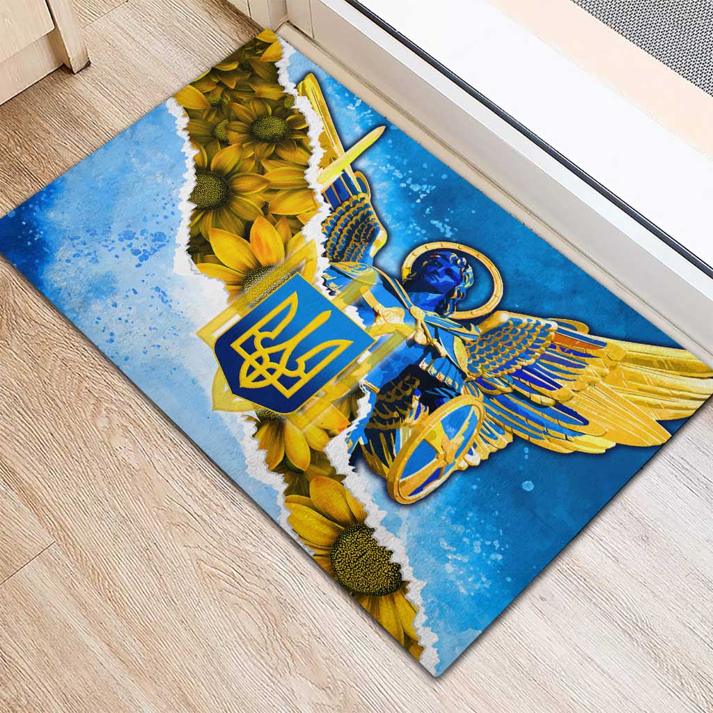 Ukraine Archangel Michael Rubber Doormat with Trident Emblem and Sunflowers Design