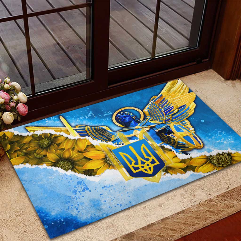 Ukraine Archangel Michael Rubber Doormat with Trident Emblem and Sunflowers Design