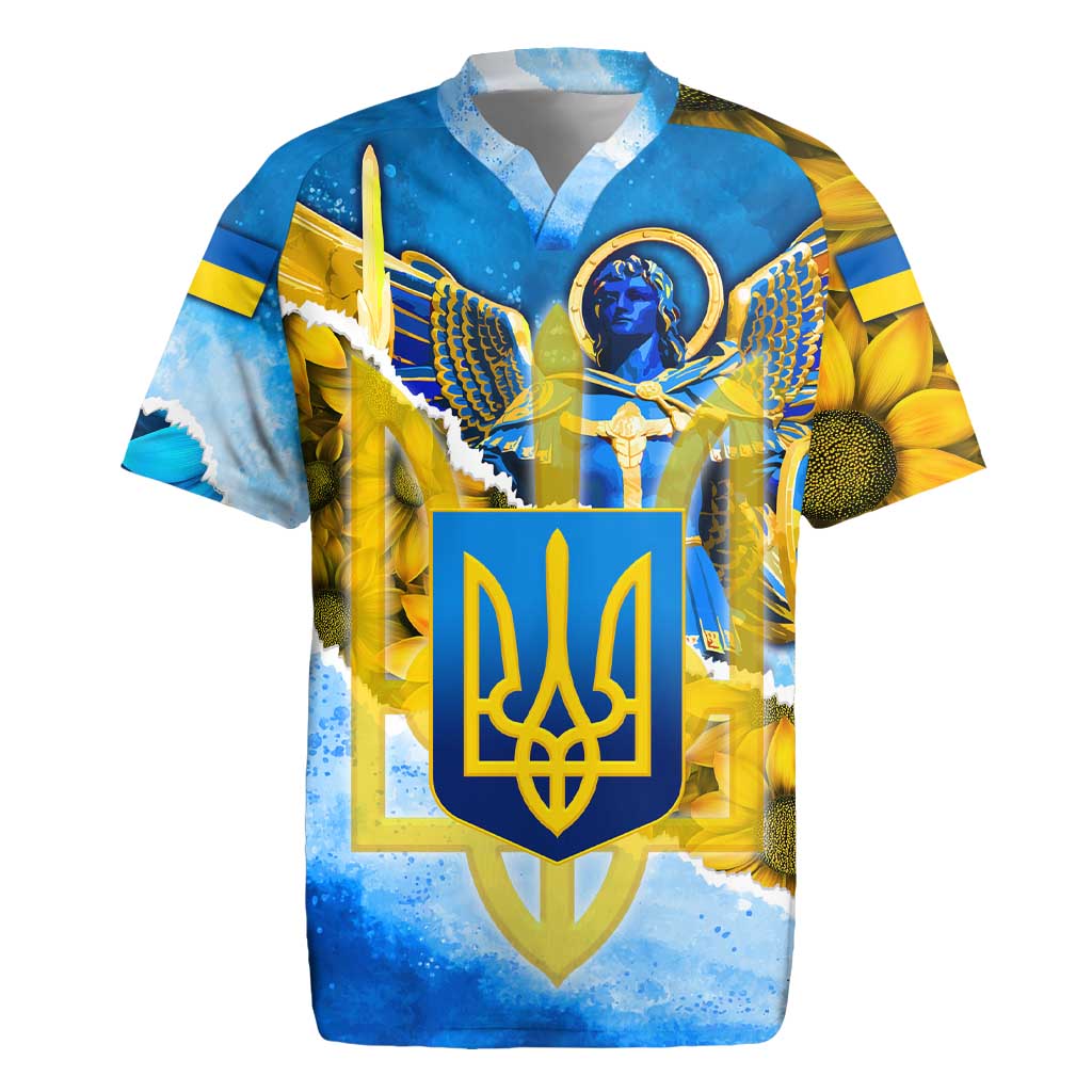 Ukraine Archangel Michael Rugby Jersey with Trident Emblem and Sunflowers Design