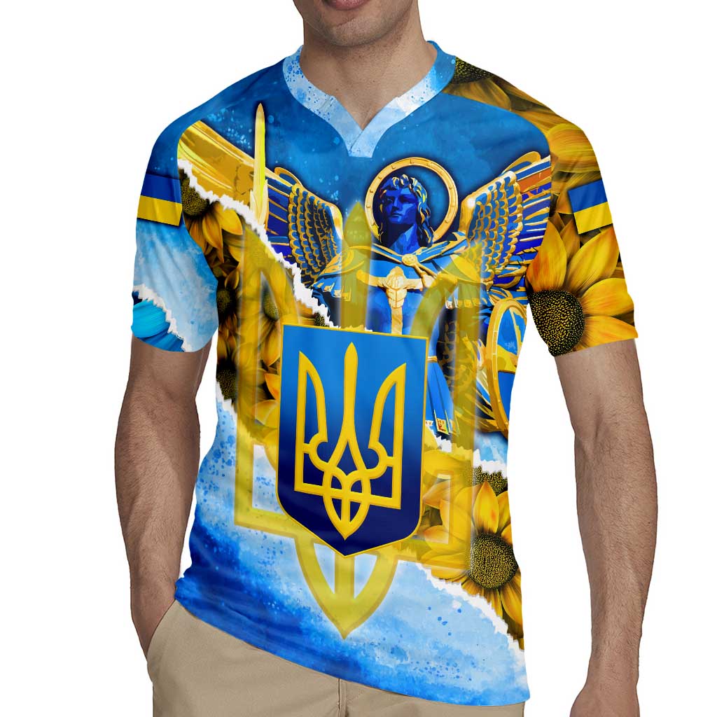 Ukraine Archangel Michael Rugby Jersey with Trident Emblem and Sunflowers Design