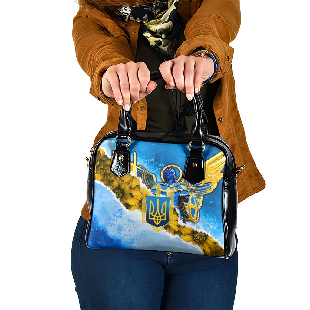 Ukraine Archangel Michael Shoulder Handbag with Trident Emblem and Sunflowers Design
