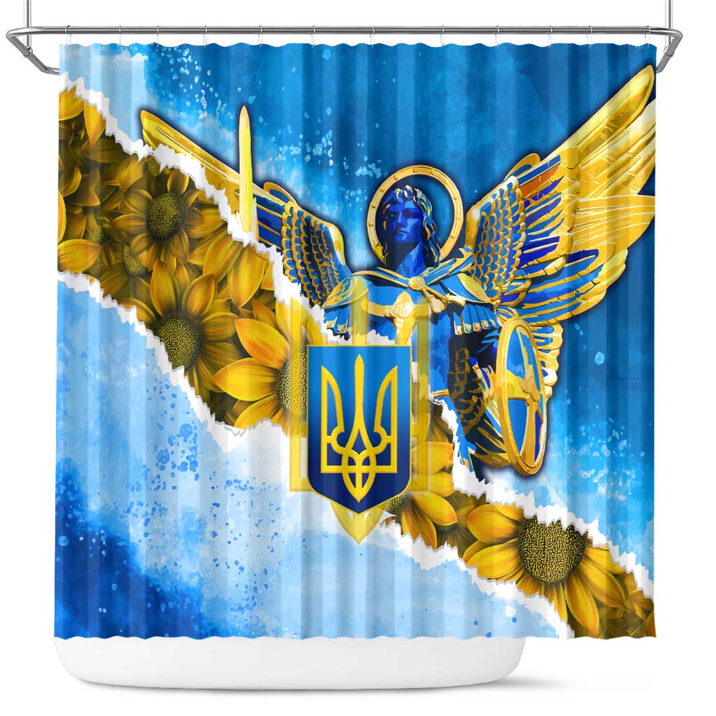 Ukraine Archangel Michael Shower Curtain with Trident Emblem and Sunflowers Design