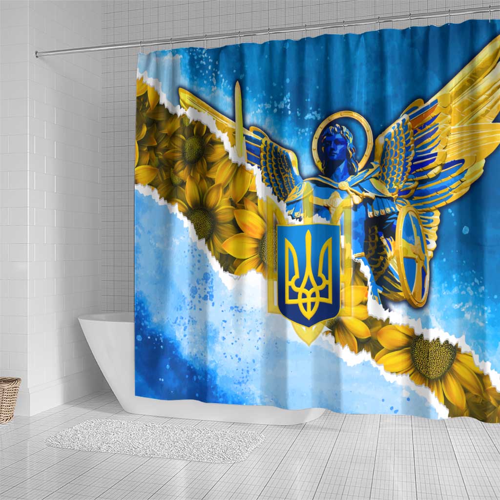 Ukraine Archangel Michael Shower Curtain with Trident Emblem and Sunflowers Design