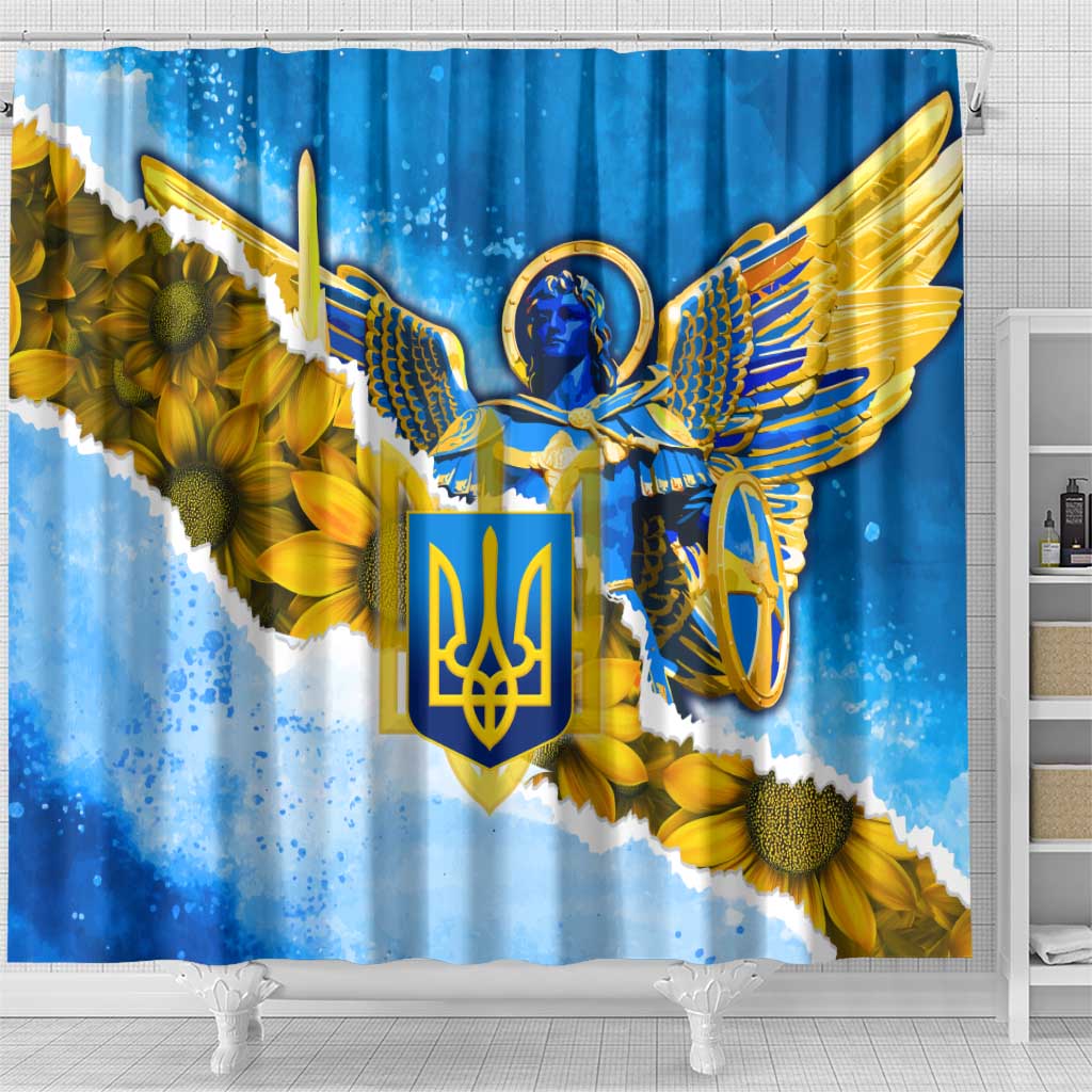 Ukraine Archangel Michael Shower Curtain with Trident Emblem and Sunflowers Design