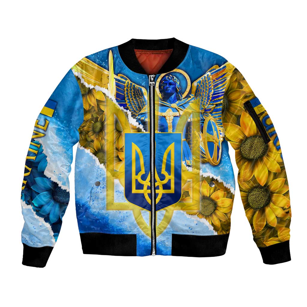 Ukraine Archangel Michael Sleeve Zip Bomber Jacket with Trident Emblem and Sunflowers Design
