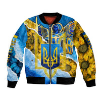 Ukraine Archangel Michael Sleeve Zip Bomber Jacket with Trident Emblem and Sunflowers Design