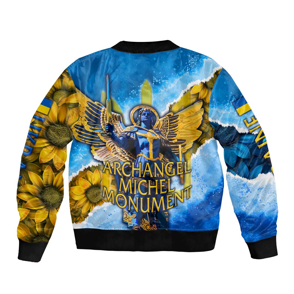 Ukraine Archangel Michael Sleeve Zip Bomber Jacket with Trident Emblem and Sunflowers Design