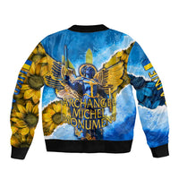 Ukraine Archangel Michael Sleeve Zip Bomber Jacket with Trident Emblem and Sunflowers Design