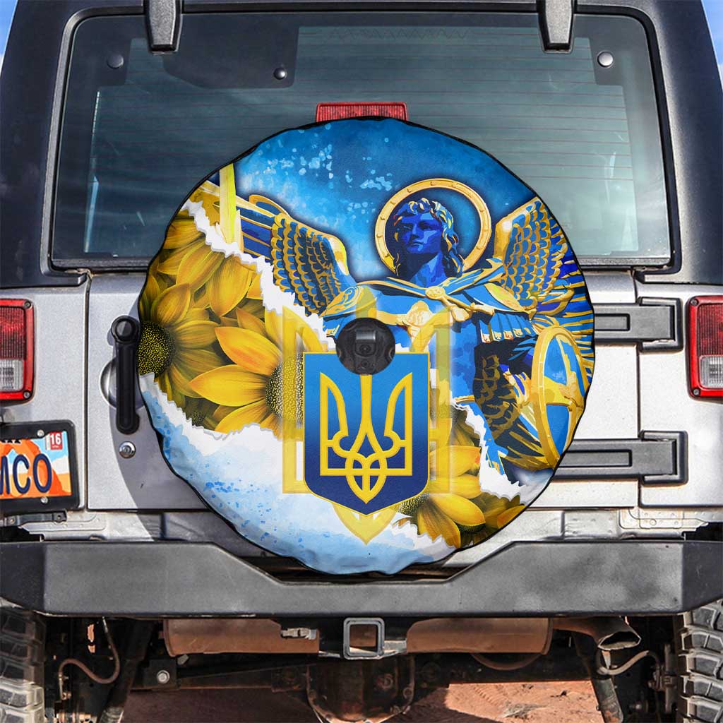 Ukraine Archangel Michael Spare Tire Cover with Trident Emblem and Sunflowers Design