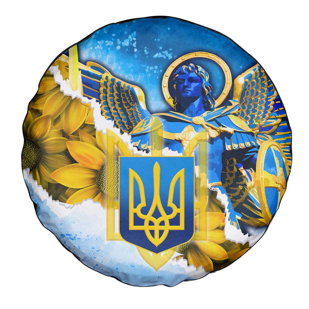 Ukraine Archangel Michael Spare Tire Cover with Trident Emblem and Sunflowers Design