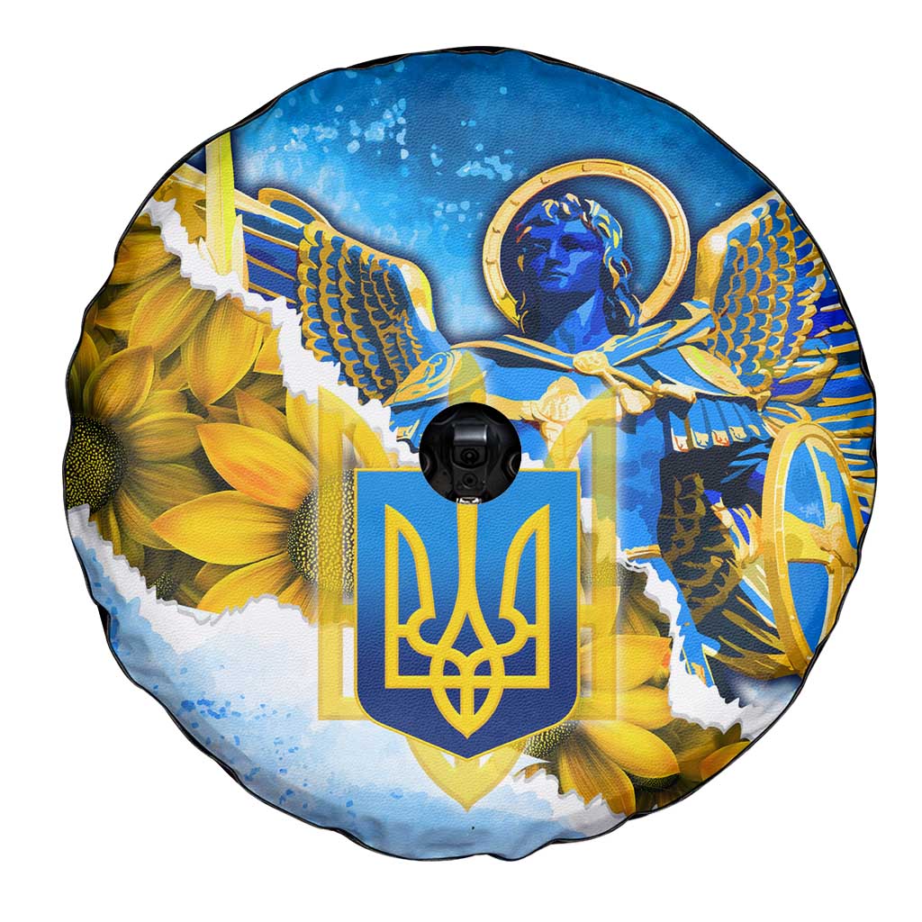 Ukraine Archangel Michael Spare Tire Cover with Trident Emblem and Sunflowers Design