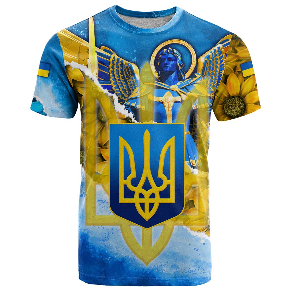 Ukraine Archangel Michael T Shirt with Trident Emblem and Sunflowers Design