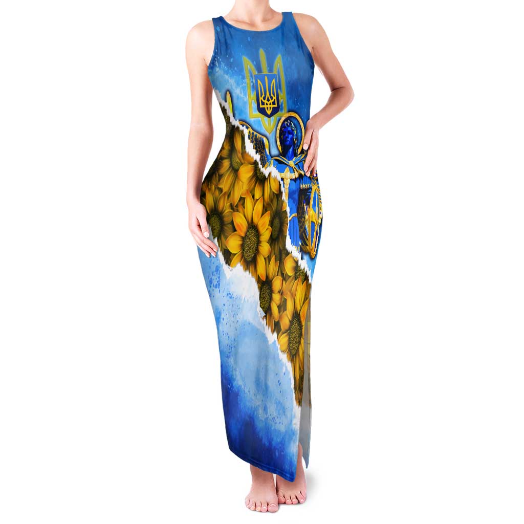 Ukraine Archangel Michael Tank Maxi Dress with Trident Emblem and Sunflowers Design