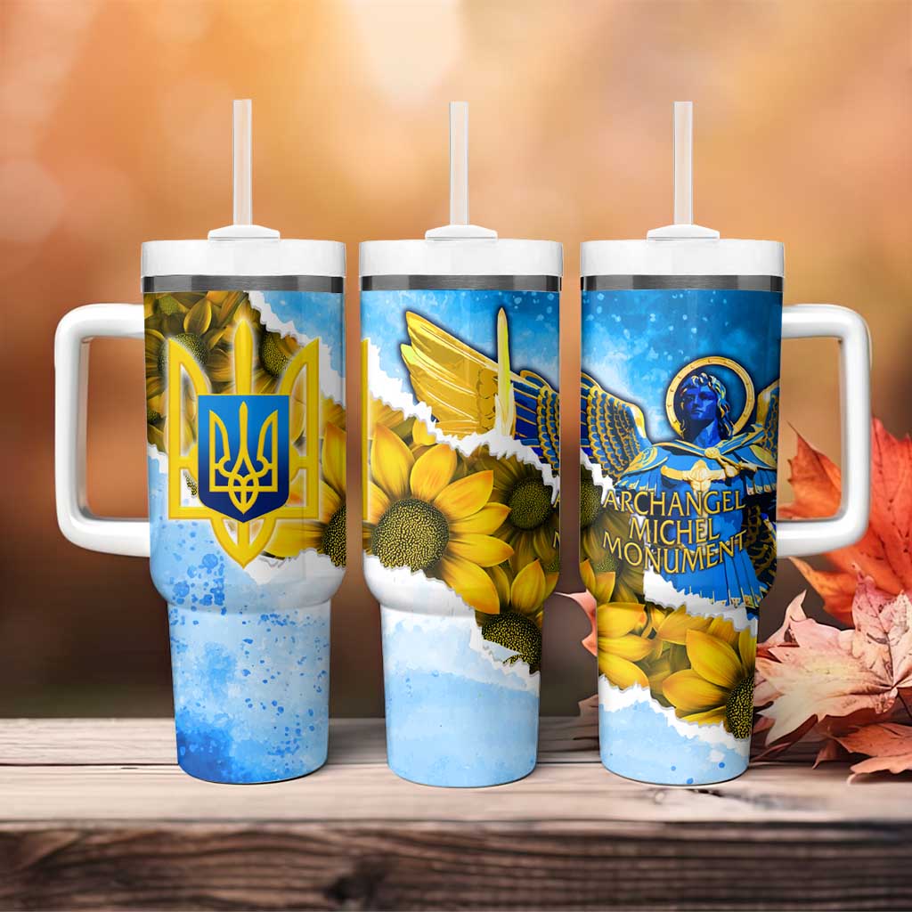 Ukraine Archangel Michael Tumbler With Handle with Trident Emblem and Sunflowers Design