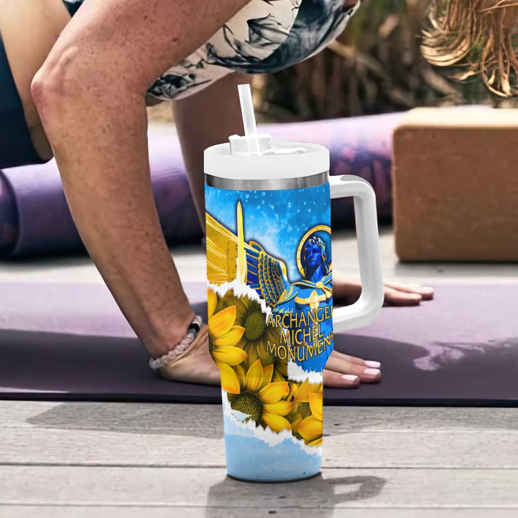 Ukraine Archangel Michael Tumbler With Handle with Trident Emblem and Sunflowers Design