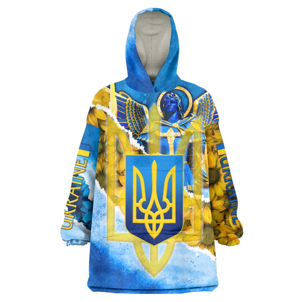 Ukraine Archangel Michael Wearable Blanket Hoodie with Trident Emblem and Sunflowers Design