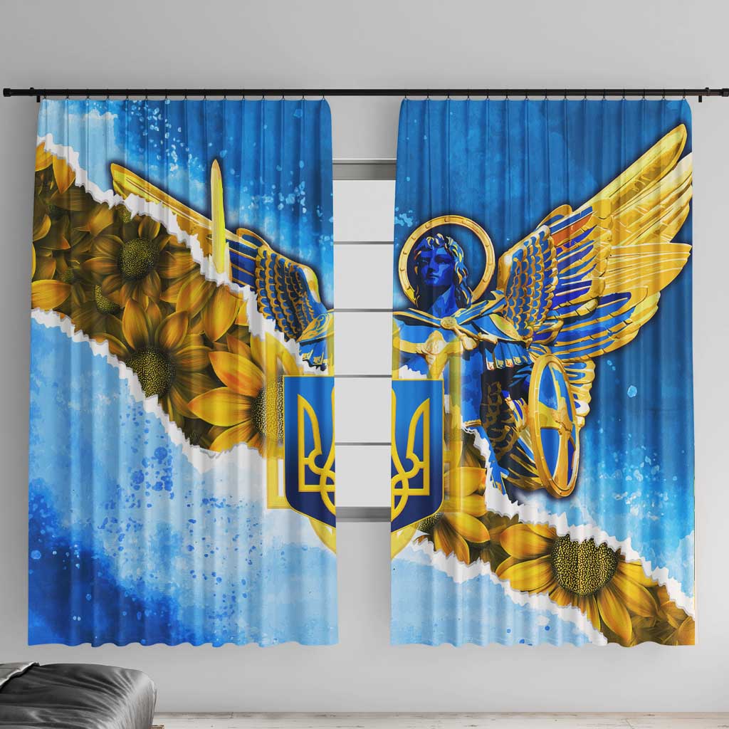 Ukraine Archangel Michael Window Curtain with Trident Emblem and Sunflowers Design