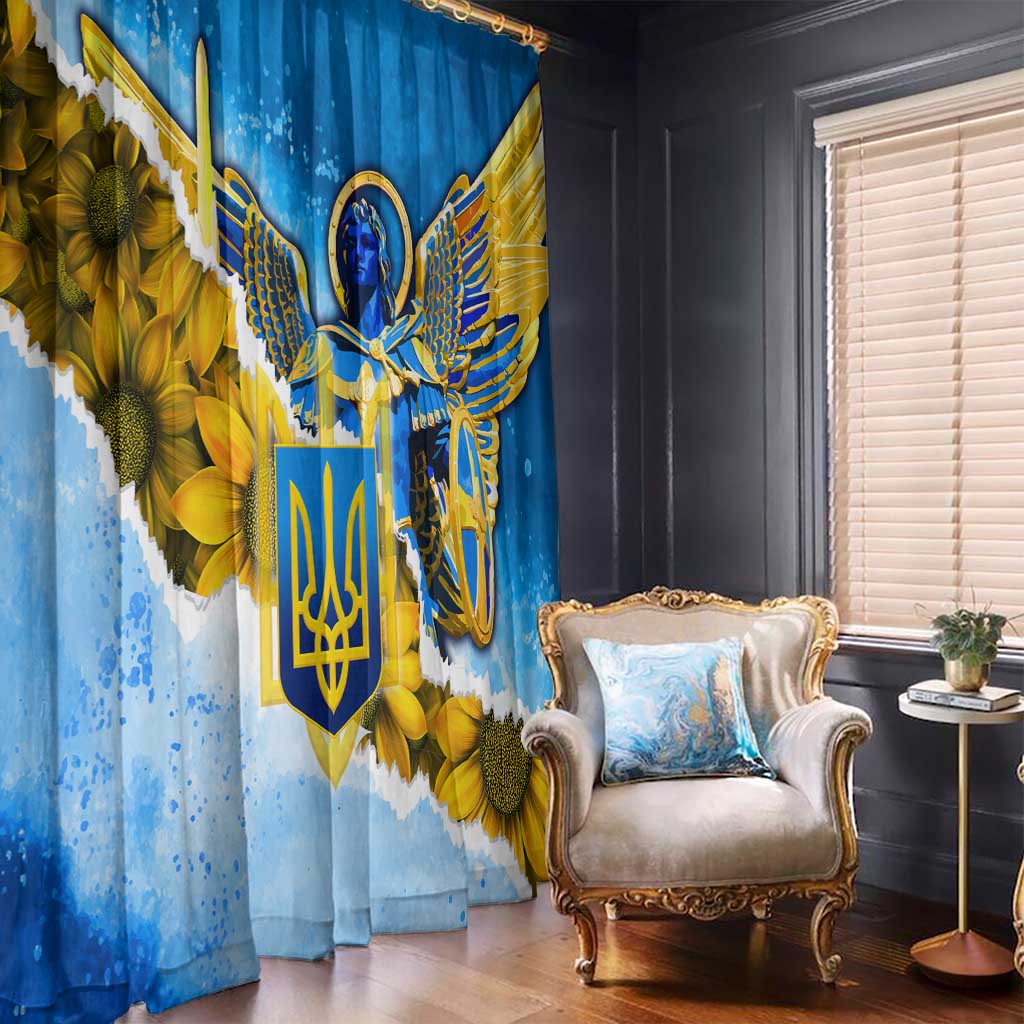 Ukraine Archangel Michael Window Curtain with Trident Emblem and Sunflowers Design