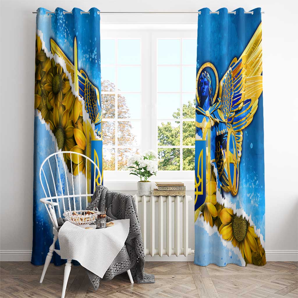 Ukraine Archangel Michael Window Curtain with Trident Emblem and Sunflowers Design