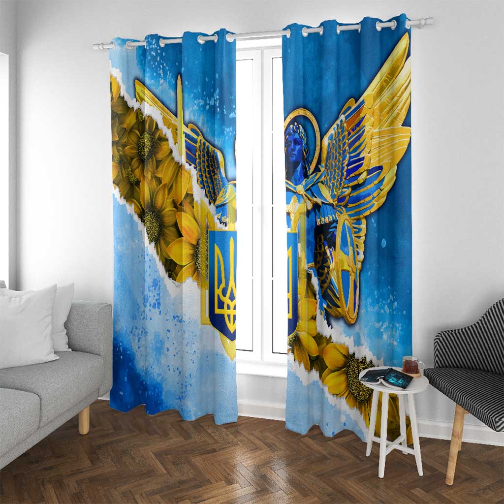 Ukraine Archangel Michael Window Curtain with Trident Emblem and Sunflowers Design