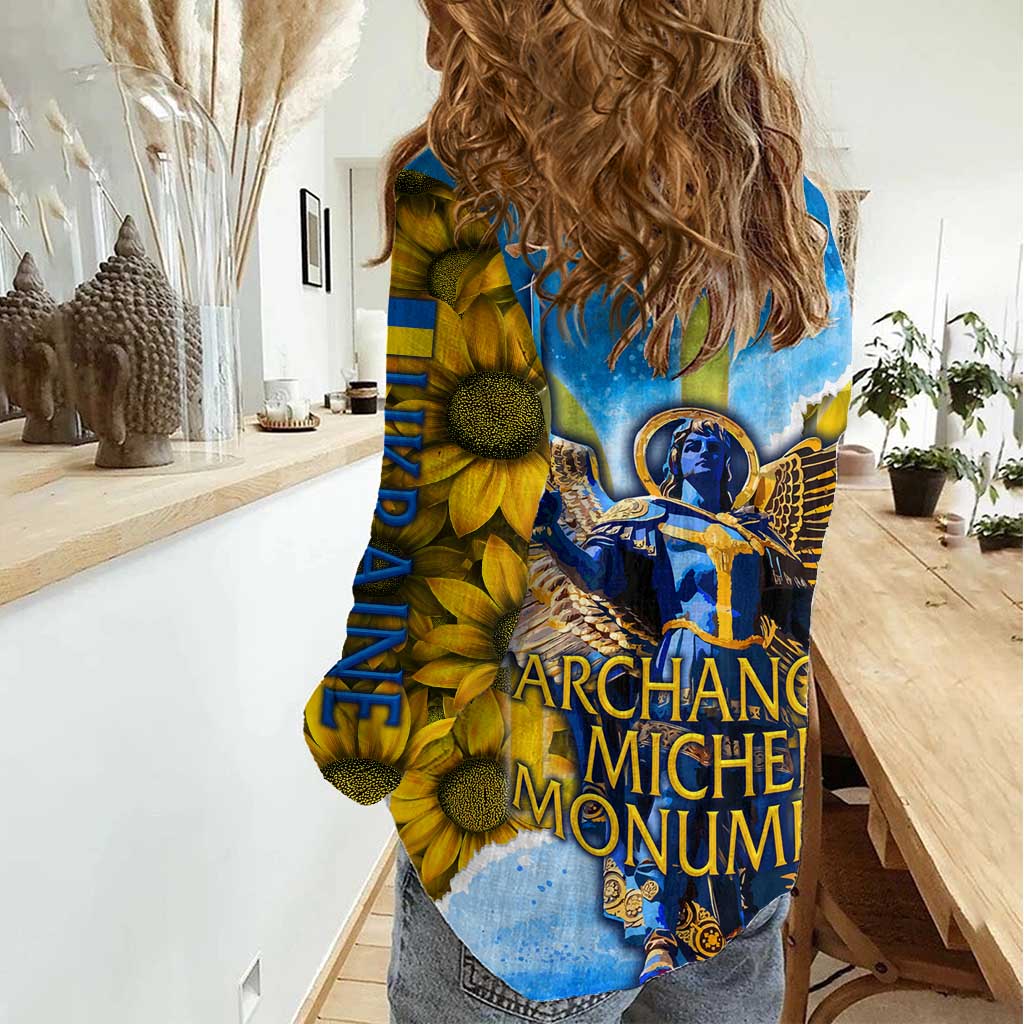 Ukraine Archangel Michael Women Casual Shirt with Trident Emblem and Sunflowers Design
