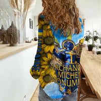 Ukraine Archangel Michael Women Casual Shirt with Trident Emblem and Sunflowers Design