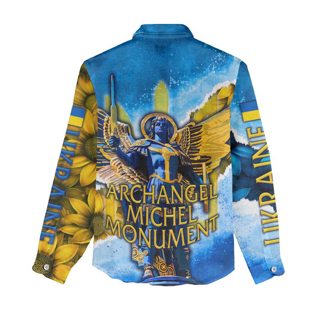 Ukraine Archangel Michael Women Casual Shirt with Trident Emblem and Sunflowers Design