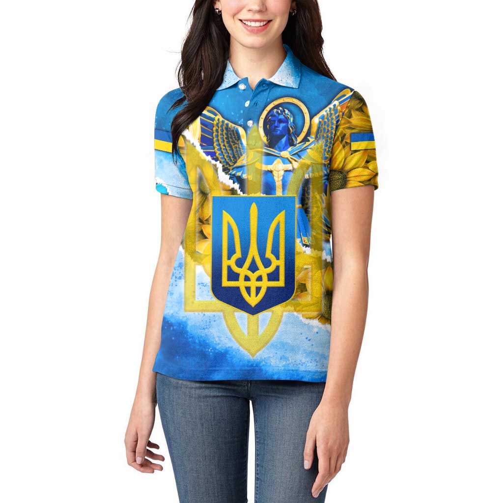 Ukraine Archangel Michael Women Polo Shirt with Trident Emblem and Sunflowers Design