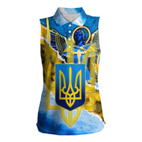 Ukraine Archangel Michael Women Sleeveless Polo Shirt with Trident Emblem and Sunflowers Design