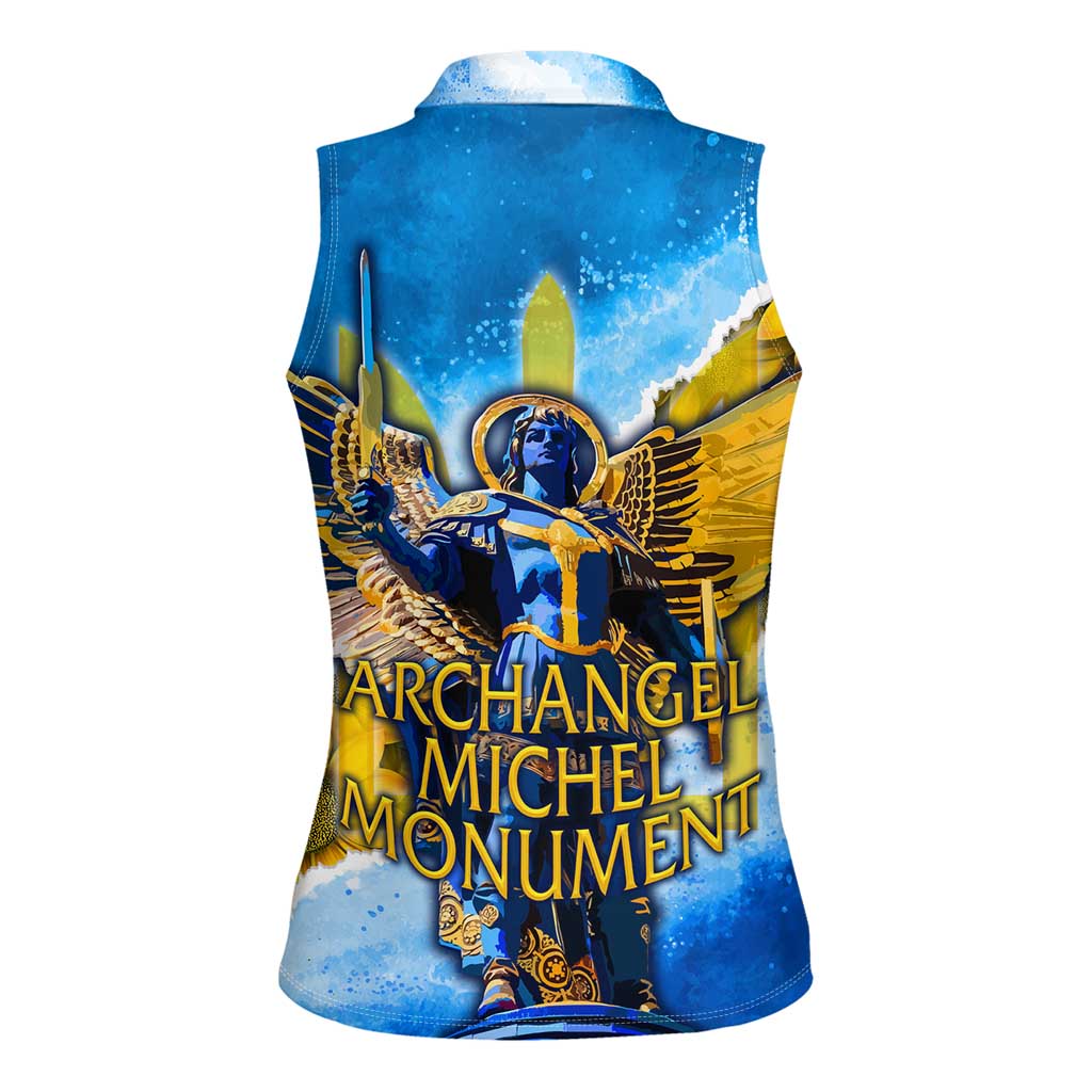 Ukraine Archangel Michael Women Sleeveless Polo Shirt with Trident Emblem and Sunflowers Design