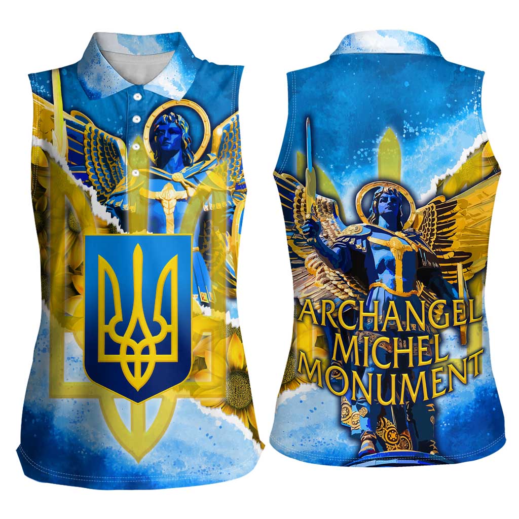 Ukraine Archangel Michael Women Sleeveless Polo Shirt with Trident Emblem and Sunflowers Design