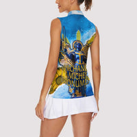 Ukraine Archangel Michael Women Sleeveless Polo Shirt with Trident Emblem and Sunflowers Design