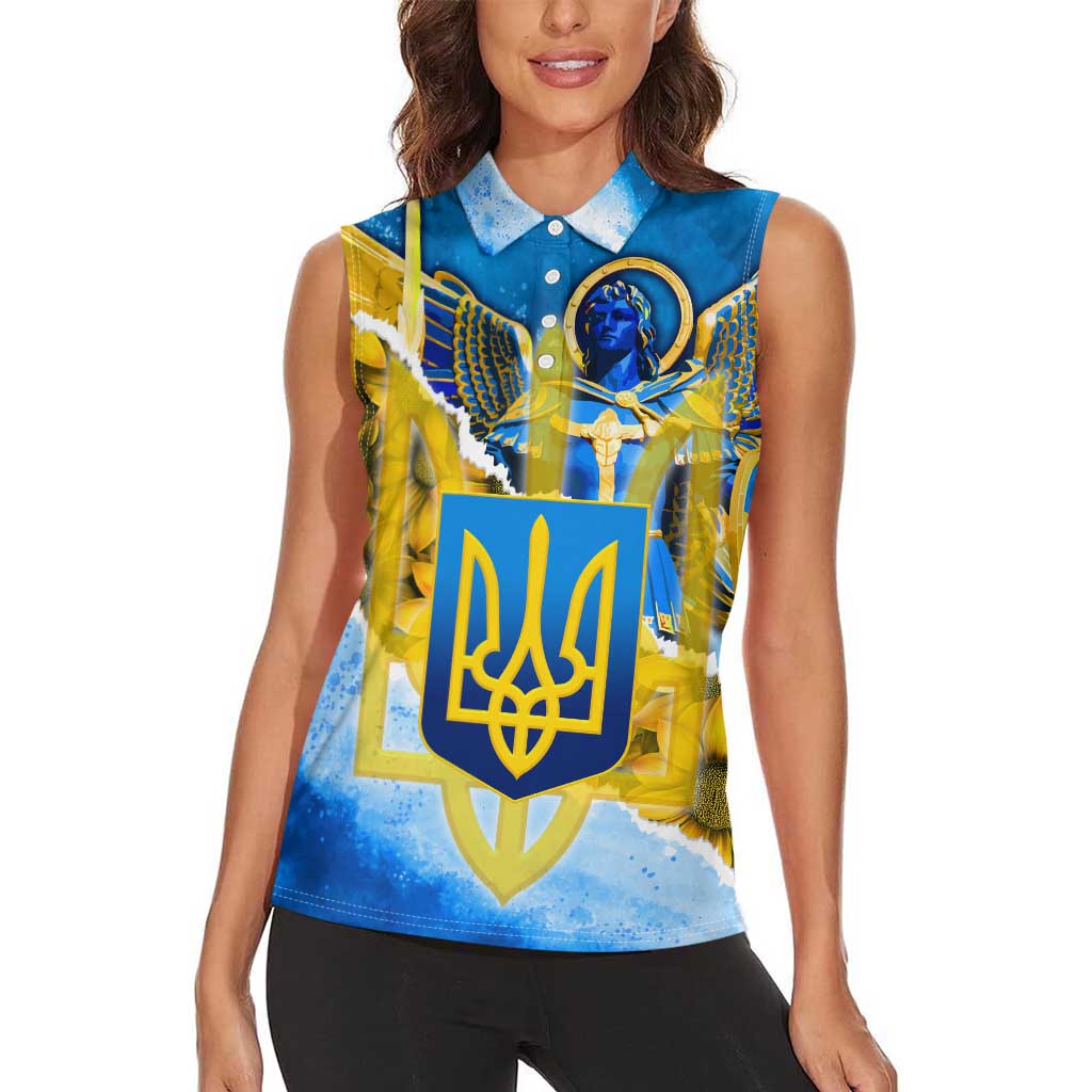 Ukraine Archangel Michael Women Sleeveless Polo Shirt with Trident Emblem and Sunflowers Design