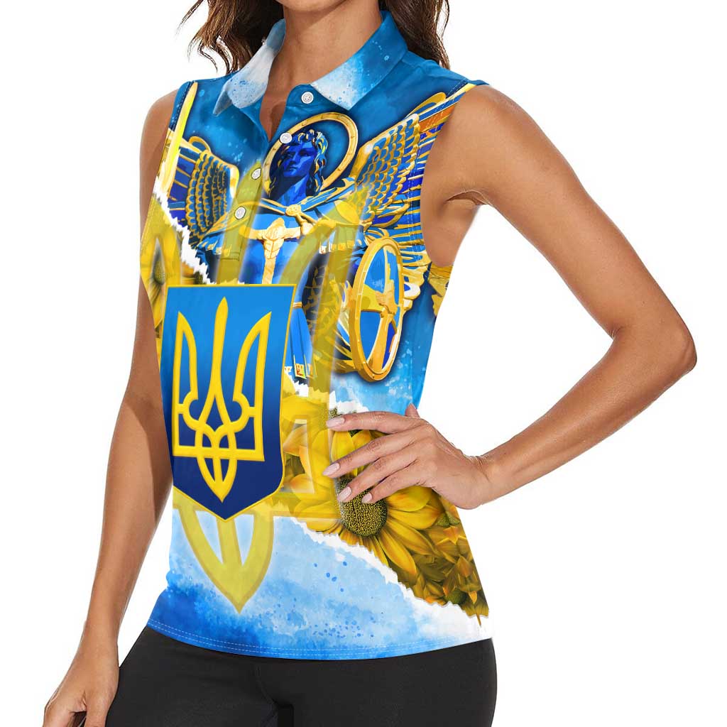 Ukraine Archangel Michael Women Sleeveless Polo Shirt with Trident Emblem and Sunflowers Design