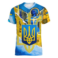 Ukraine Archangel Michael Women V-Neck T-Shirt with Trident Emblem and Sunflowers Design