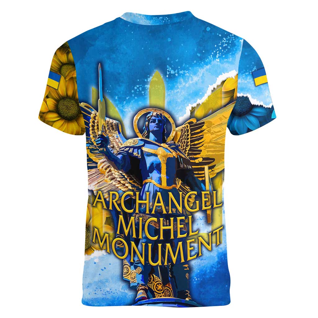 Ukraine Archangel Michael Women V-Neck T-Shirt with Trident Emblem and Sunflowers Design