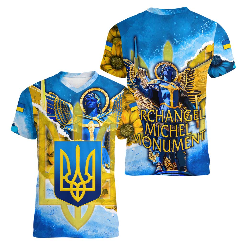 Ukraine Archangel Michael Women V-Neck T-Shirt with Trident Emblem and Sunflowers Design