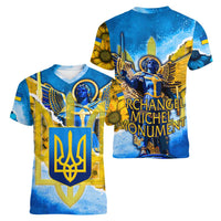 Ukraine Archangel Michael Women V-Neck T-Shirt with Trident Emblem and Sunflowers Design