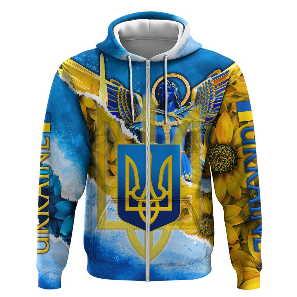 Ukraine Archangel Michael Zip Hoodie with Trident Emblem and Sunflowers Design