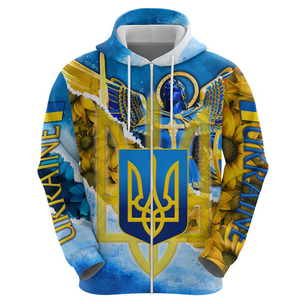 Ukraine Archangel Michael Zip Hoodie with Trident Emblem and Sunflowers ...