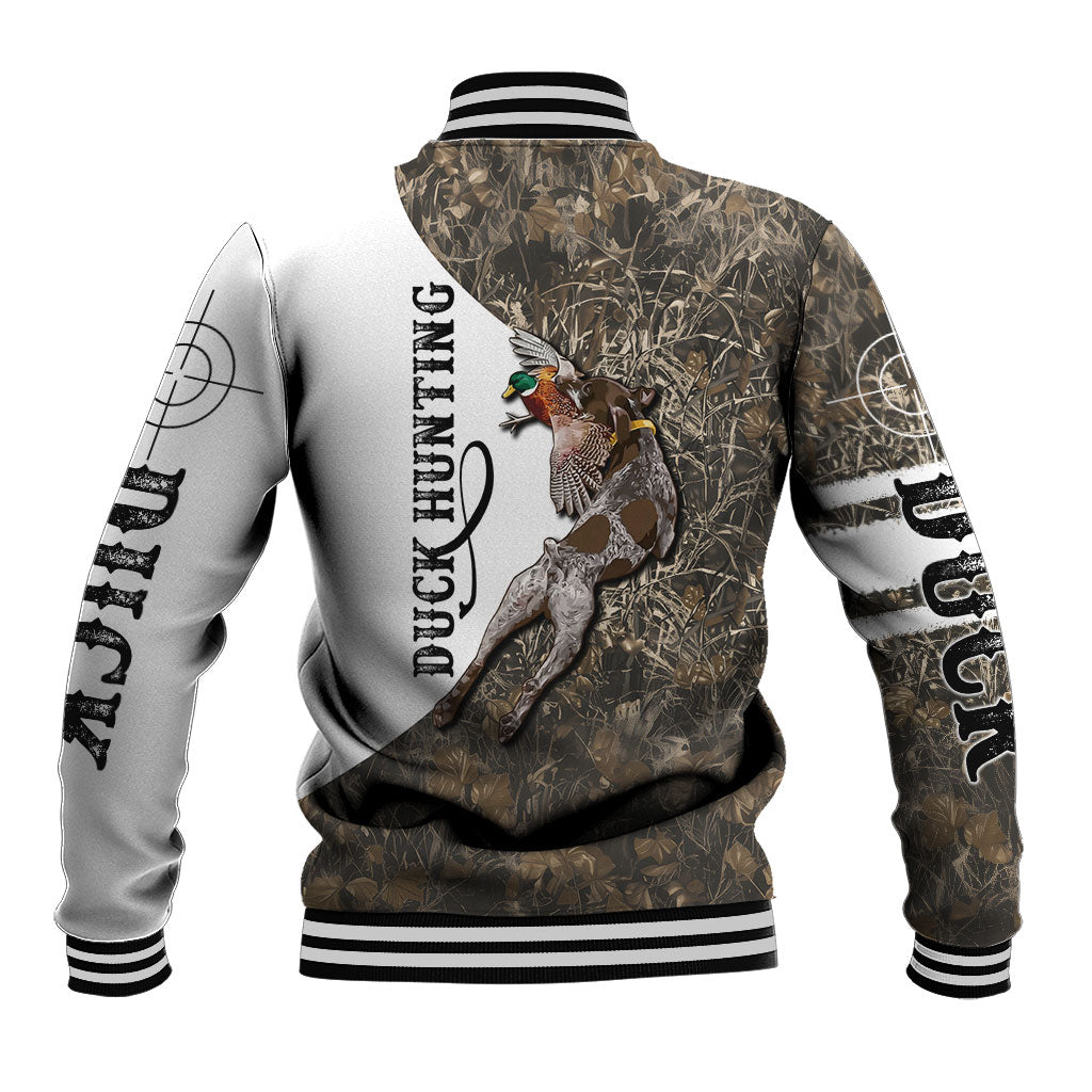 Duck Hunting Retriever Baseball Jacket Mallard Shotgun Hunt with Camouflage Marsh Dog Artwork