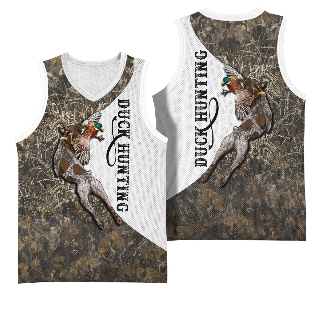 Duck Hunting Retriever Basketball Jersey Mallard Shotgun Hunt with Camouflage Marsh Dog Artwork