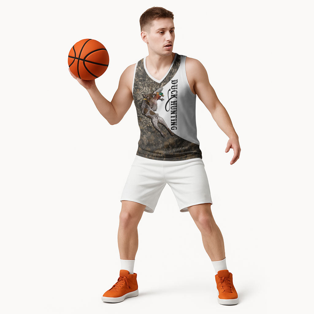Duck Hunting Retriever Basketball Jersey Mallard Shotgun Hunt with Camouflage Marsh Dog Artwork